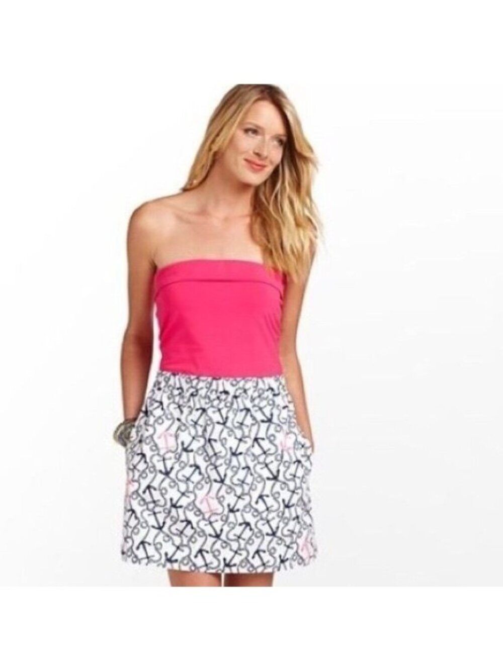 Lilly Pulitzer Esmeralda Ahoy There Strapless Pink & Anchor Print Dress L